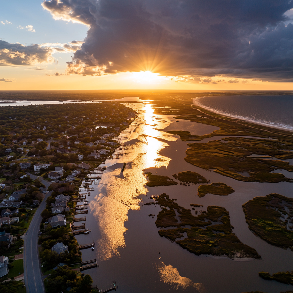 a beach with a stream of water and a sunset