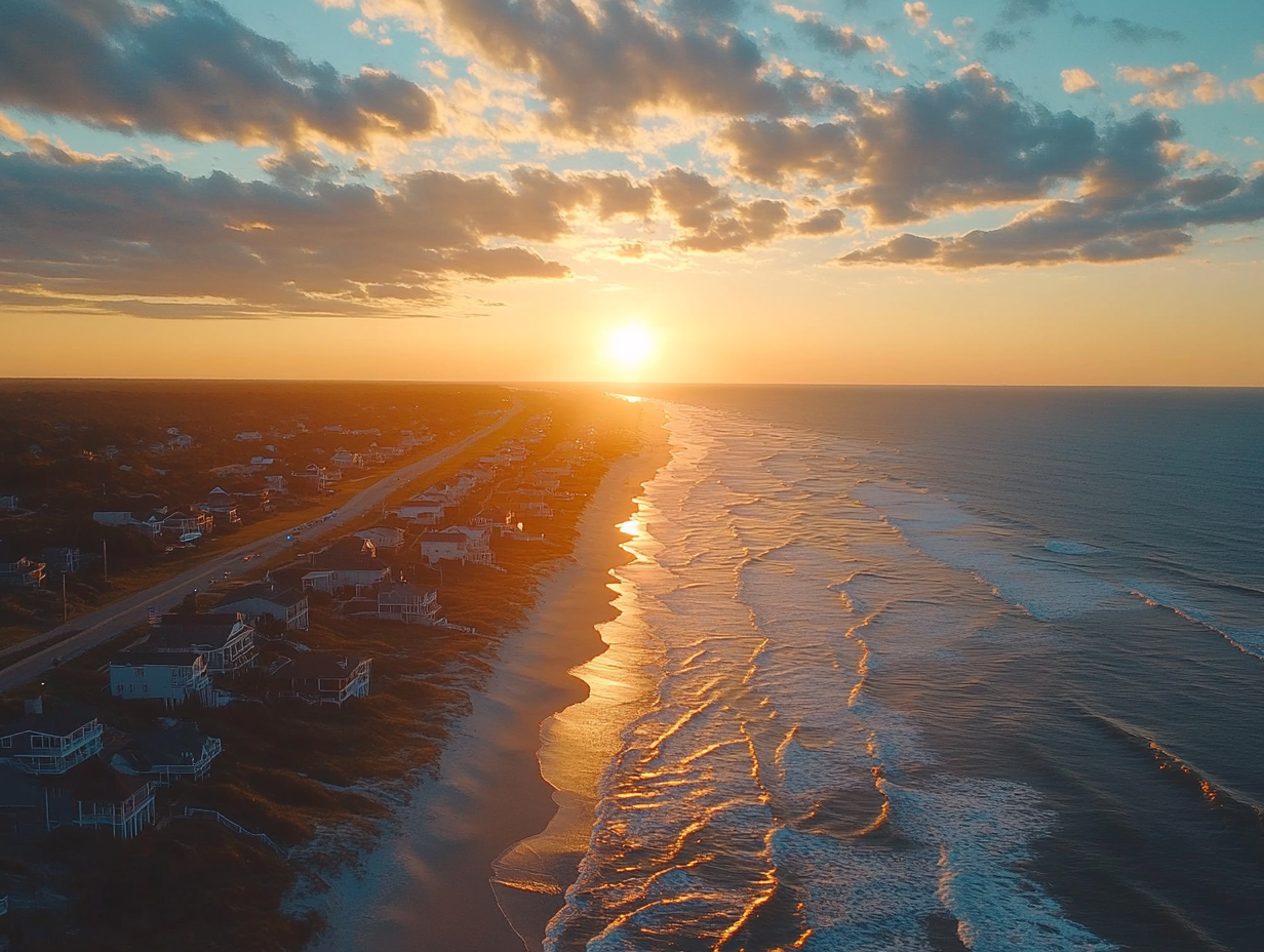 a beach with a sunset
