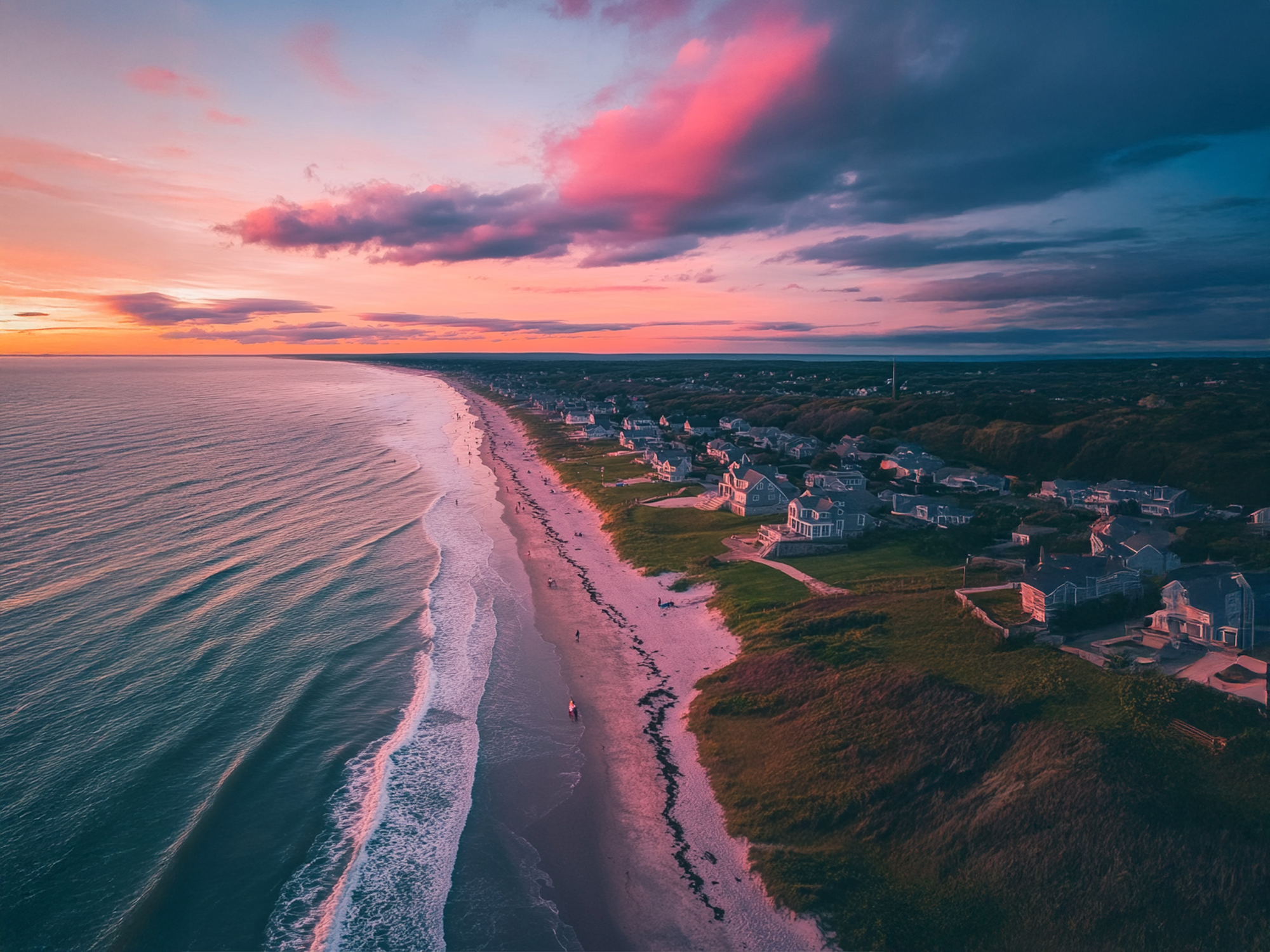 a beach with houses along it