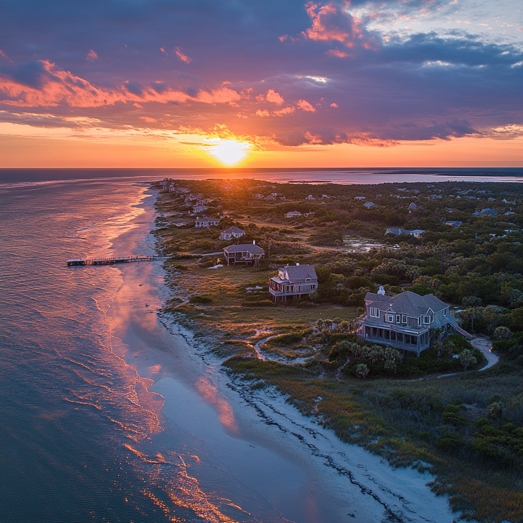 a beach with houses and a sunset