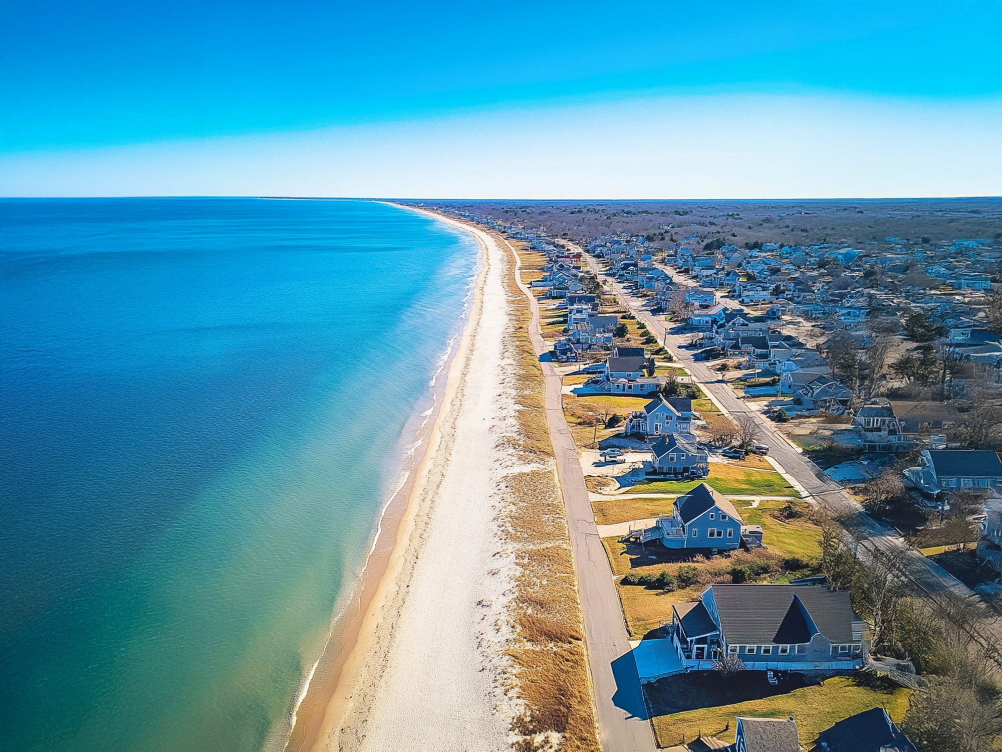 a beach with houses and water
