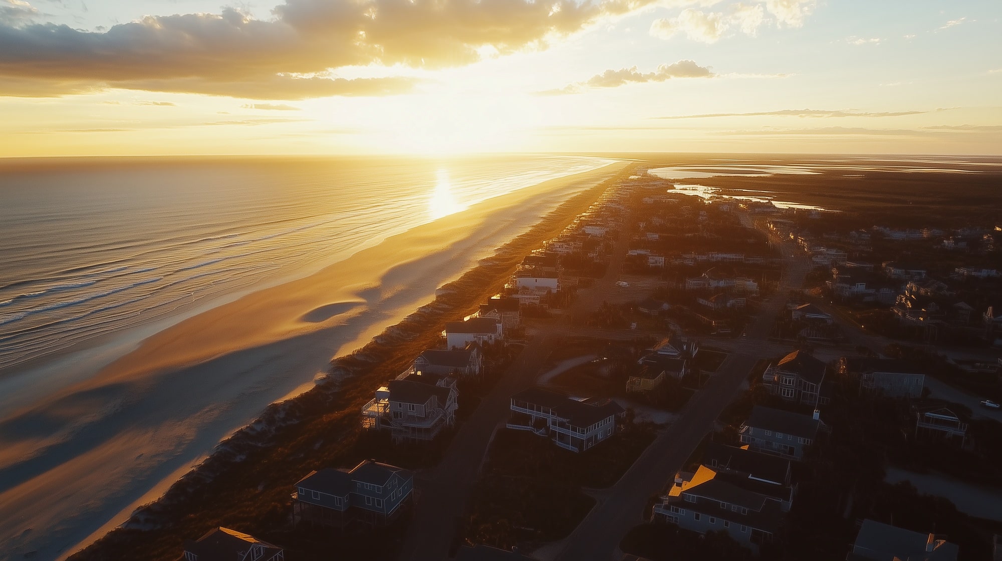 aerial view of beach and town line during sunset